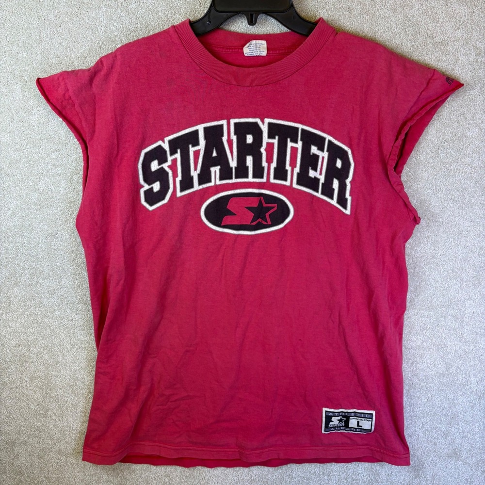Starter‎ Muscle Tee Mens Large Red Vintage 90s USA Made Sleeveless Shirt FLAWS